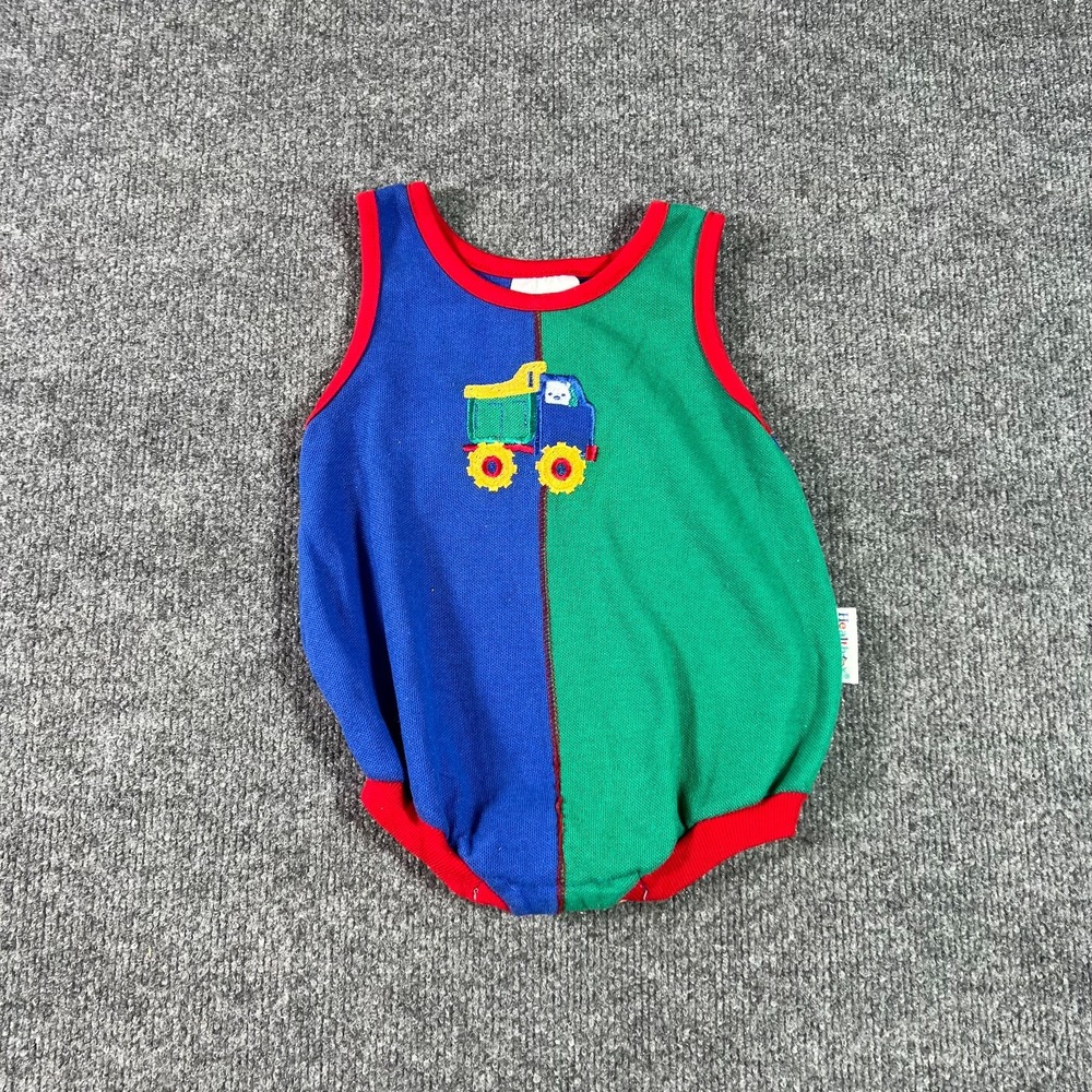 VTG Healthtex Romper One Piece Baby Boy 12M Blue Green Colorblock Truck Applique